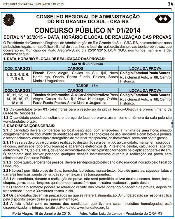 Concurso Público 01/2014 - Data, Horário e Local Provas