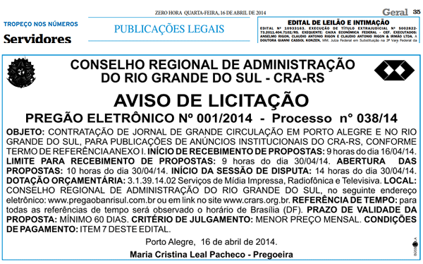 PREGÃO ELETRÔNICO 001/2014 - PROCESSO 038/14