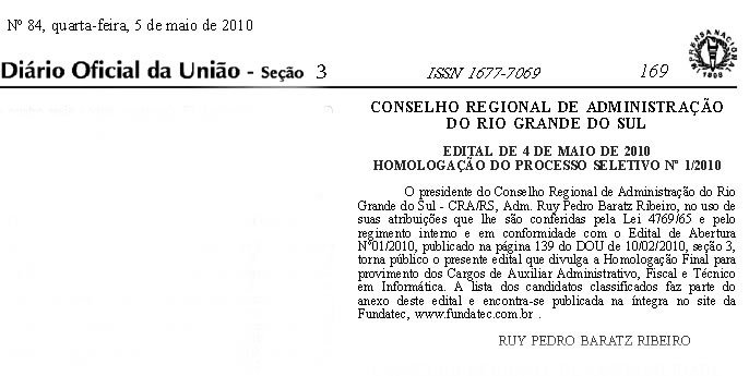 Edital de Homologação Processo Seletivo Público nr: 01/2010