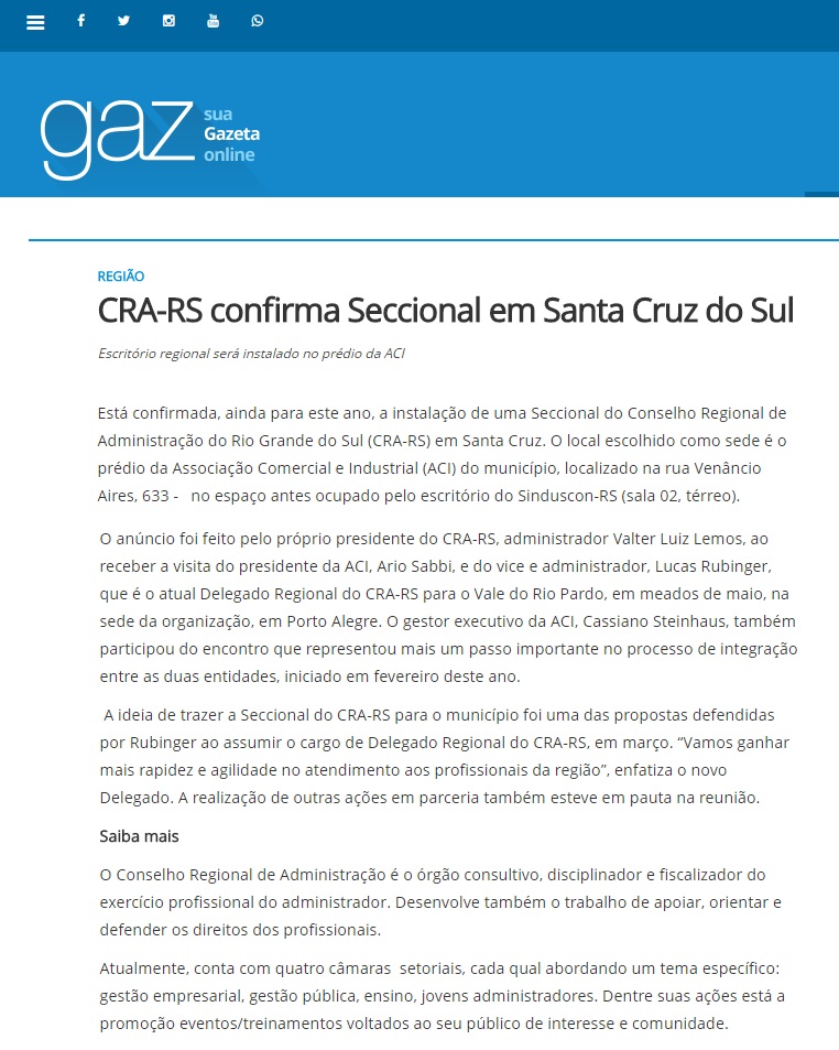 CRA RS Confirma seccional em Santa Cruz do Sul