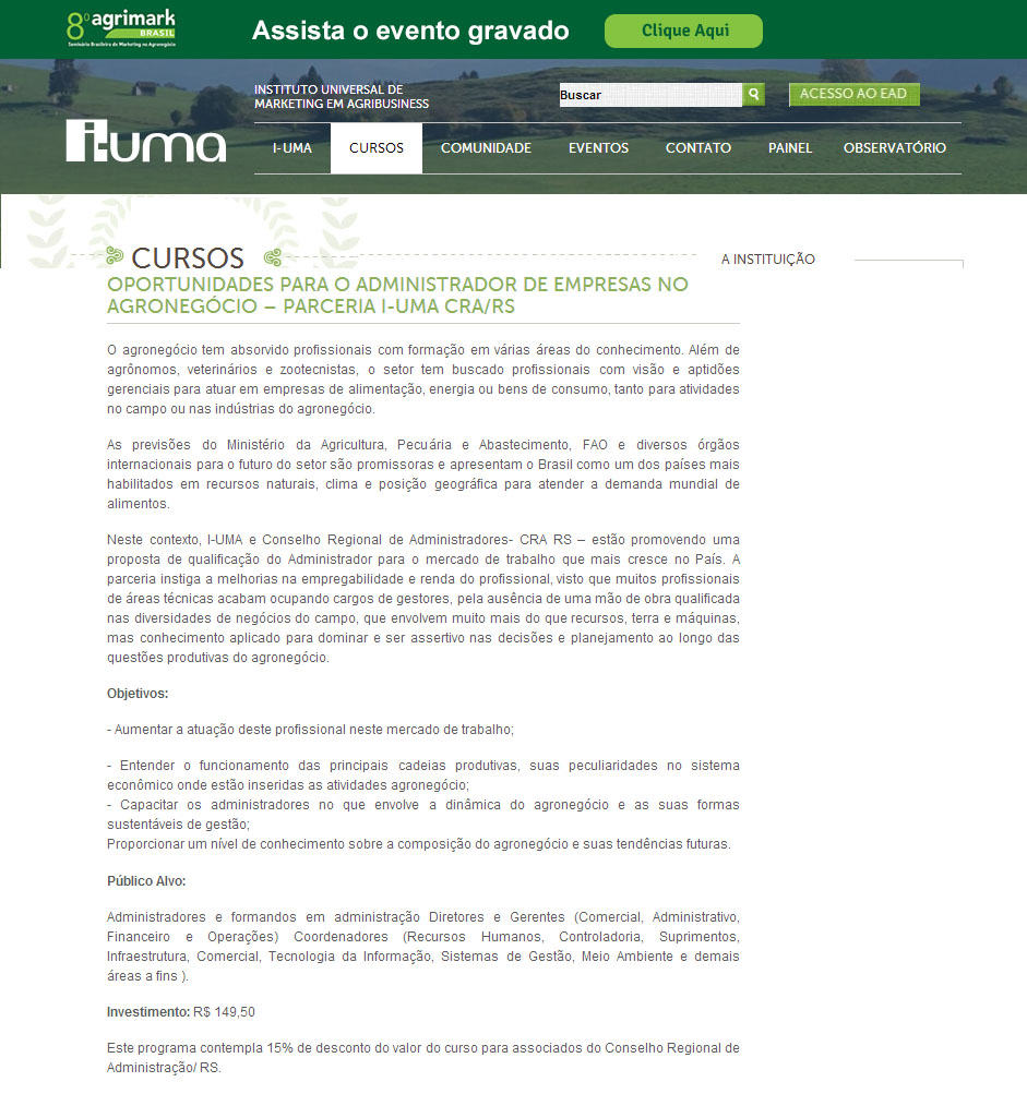 CRA-RS e I-UMA promovem curso Oportunidades para o Administrador no Agronegócio