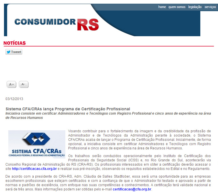 Campanha CFA de Certificação Profissional