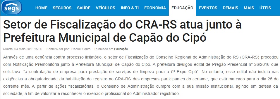 Setor de Fiscalização do CRA-RS atua junto à Prefeitura Municipal de Capão Cipó