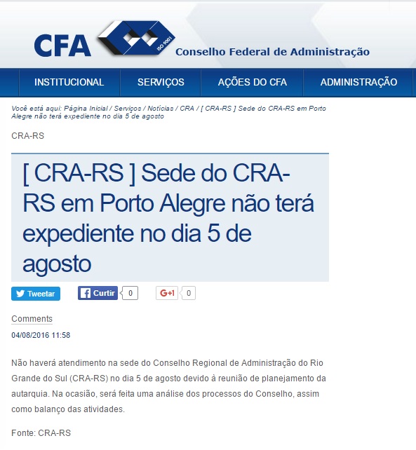 Sede do CRA-RS não terá expediente no dia 5 de agosto