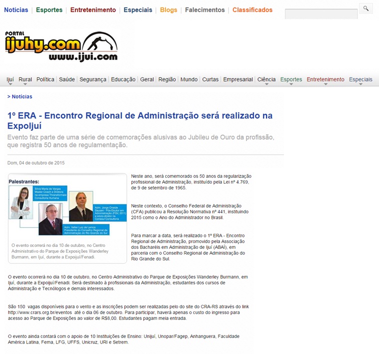 Presidente do CRA-RS palestra no 1º Encontro Regional de Administração 