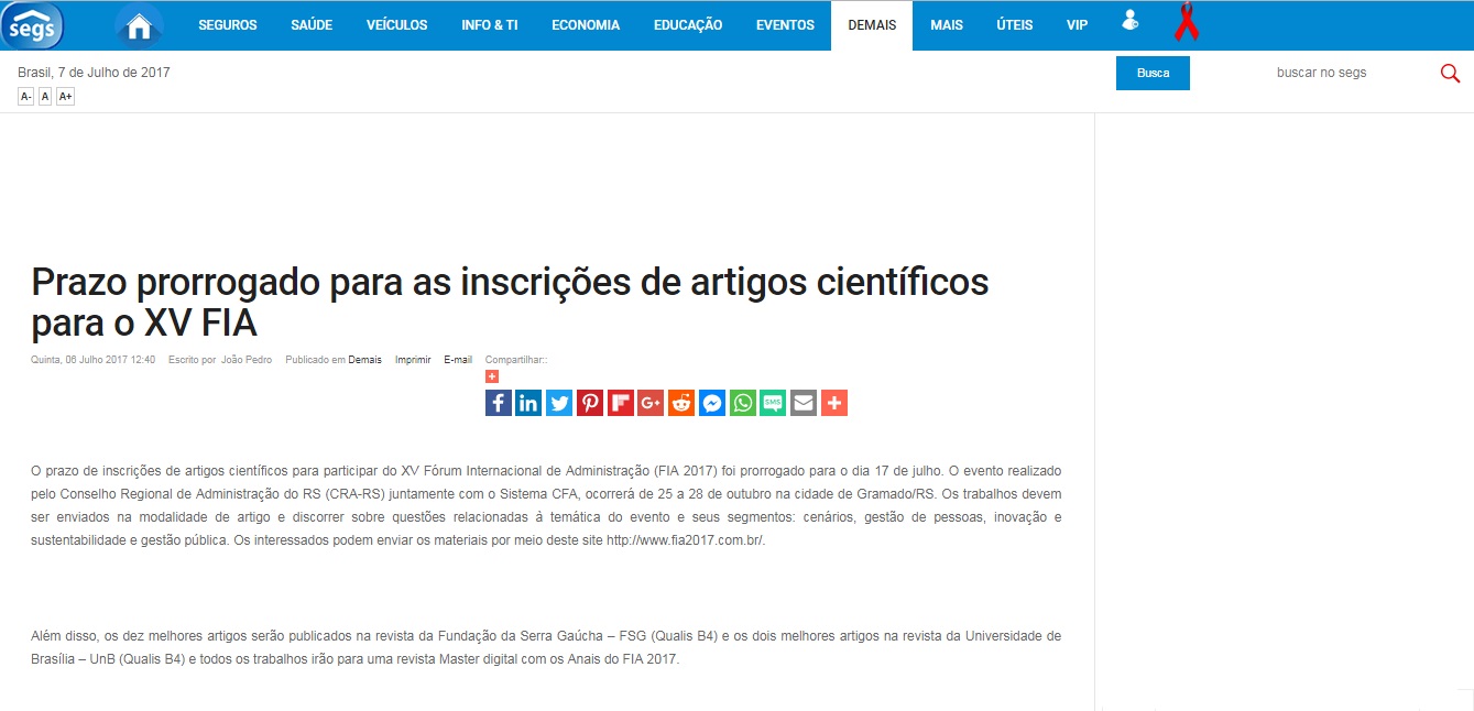 Prorrogadas Inscrições XV FIA