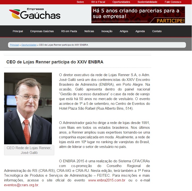 CEO da rede de Lojas Renner palestra no XXIV ENBRA