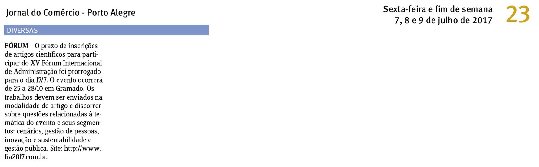 Inscrições Prorrogadas FIA XV