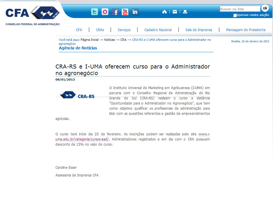 CRA-RS e I-UMA promovem curso Oportunidades para o Administrador no Agronegócio