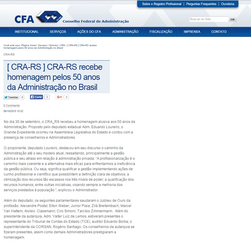 CRA-RS é homenageado na Assembleia Legislativa do RS 