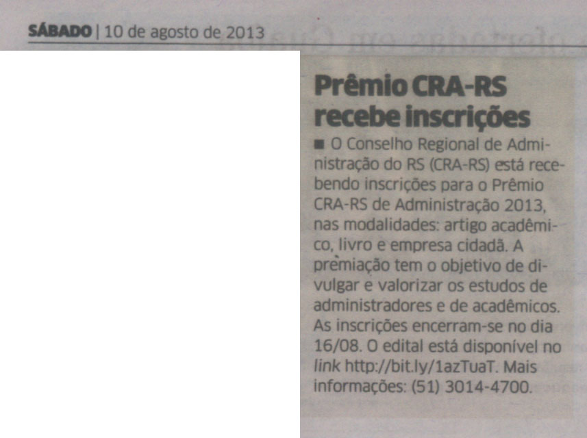 Inscrições Prêmio CRa-RS de Administração 2013