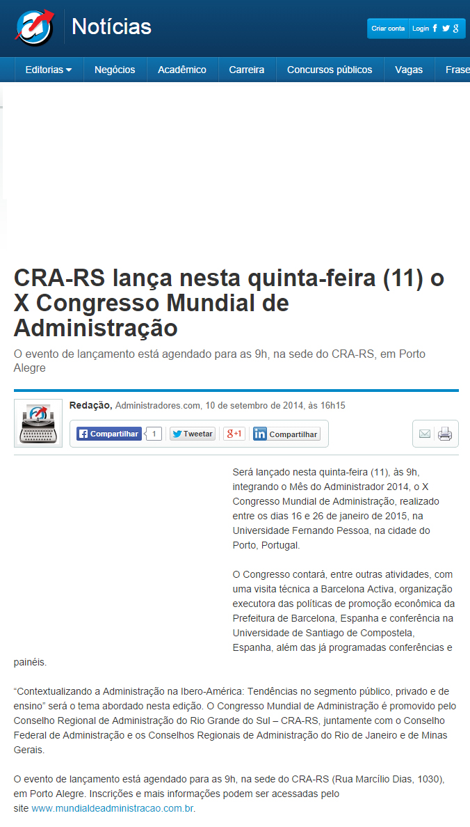 Lançamento X Congresso Mundial de Administração