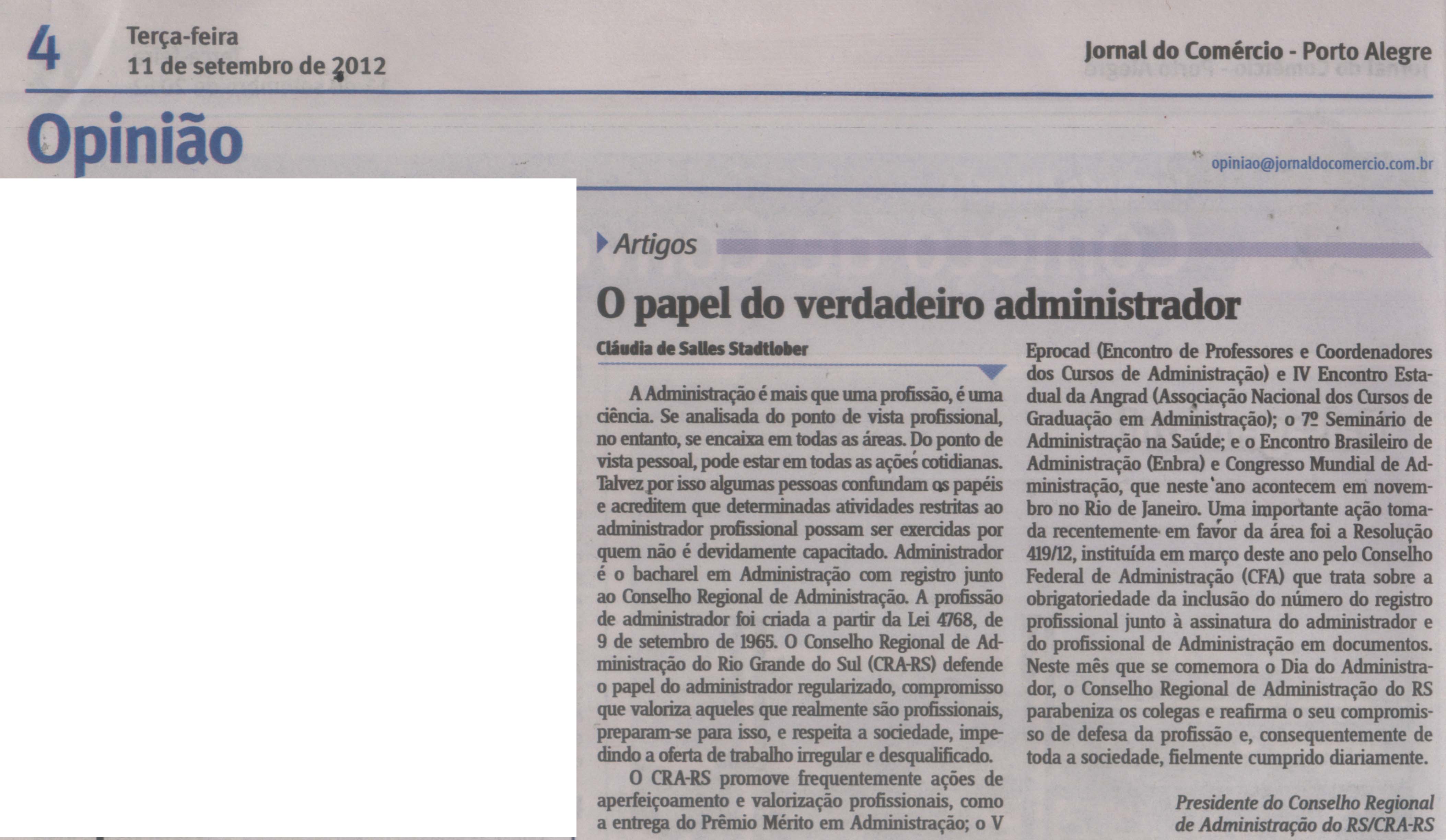 Artigo da Presidente sobre a profissão de Administrador