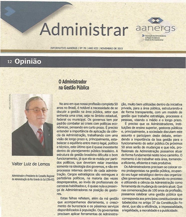 Artigo: O Administrador na Gestão Pública por Valter Luiz de Lemos
