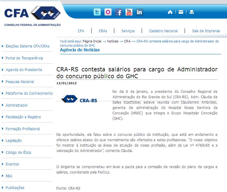 CRA-RS contesta salários para cargo de Administrador do concurso público do GHC