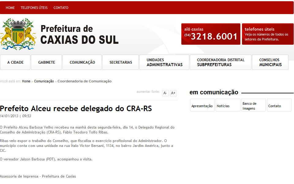 Delegado do CRA-RS se reúne com o prefeito de Caxias do Sul