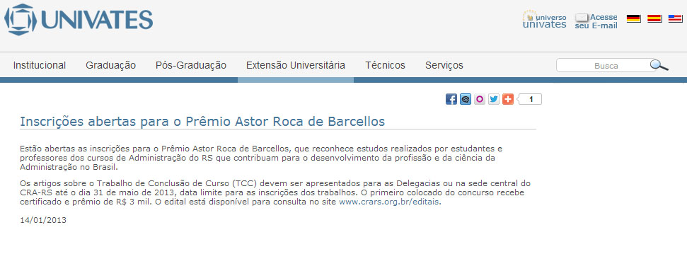 Inscrições abertas para o Prêmio Astor Roca de Barcellos