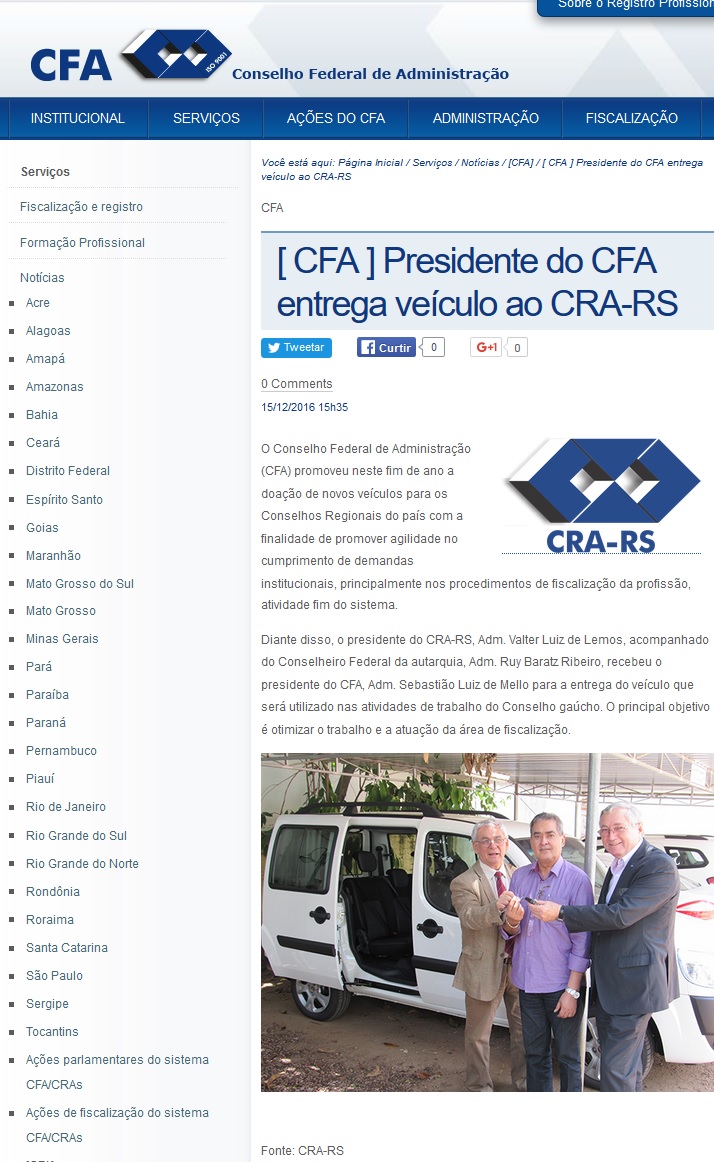 Presidente do CFA entrega veículo ao CRA-RS