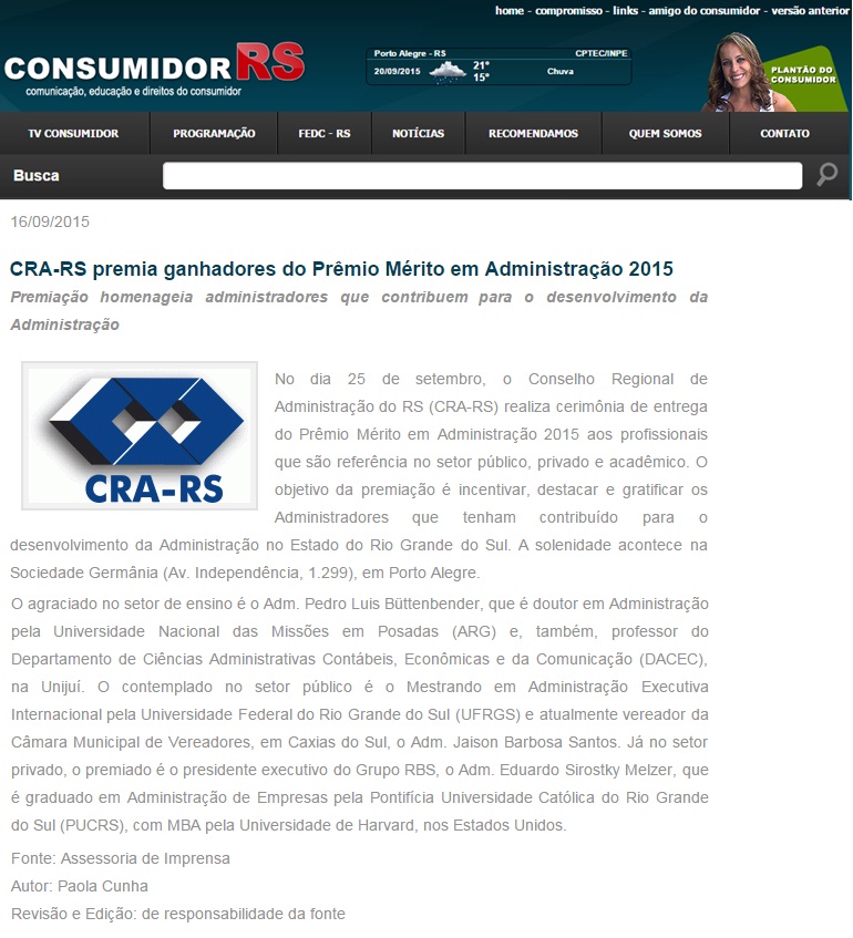 CRA-RS premia ganhadores do Prêmio Mérito em Administração 2015