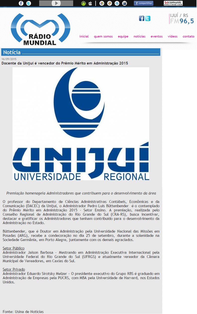 Docente da Unijuí é vencedor do Prêmio Mérito em Administração 2015