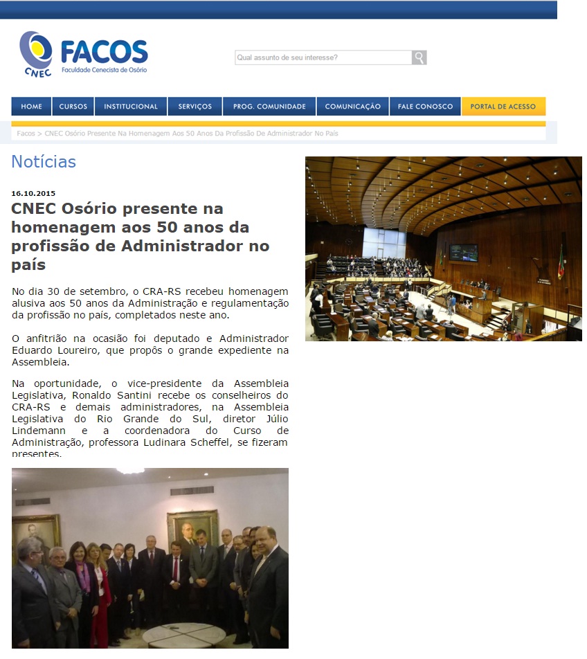 CNEC Osório participa de homenagem aos 50 anos da Administração na ALRS 