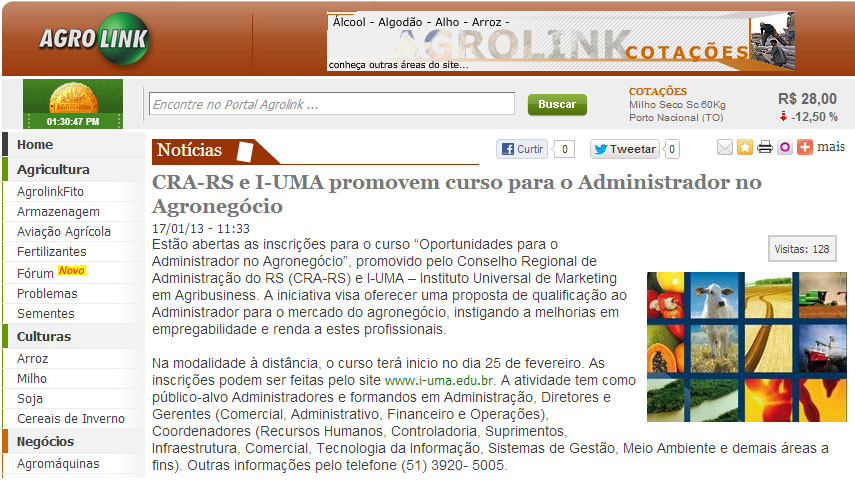 CRA-RS e I-UMA promovem curso Oportunidades para o Administrador no Agronegocio