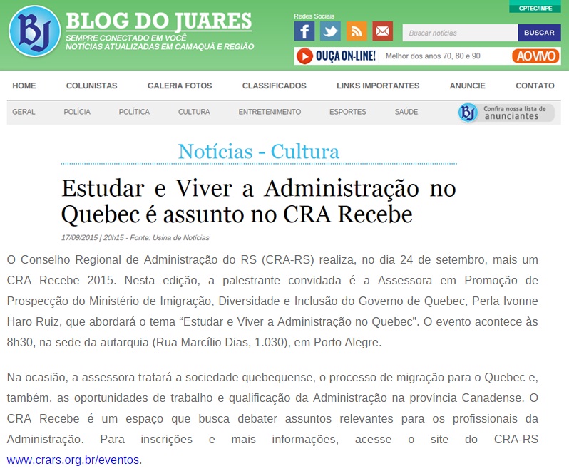 Estudar e Viver Administração no Quebec é assunto no CRA Recebe