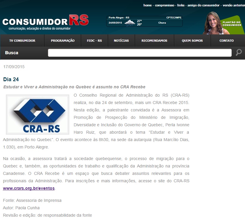Estudar e Viver Administração no Quebec é assunto no CRA Recebe