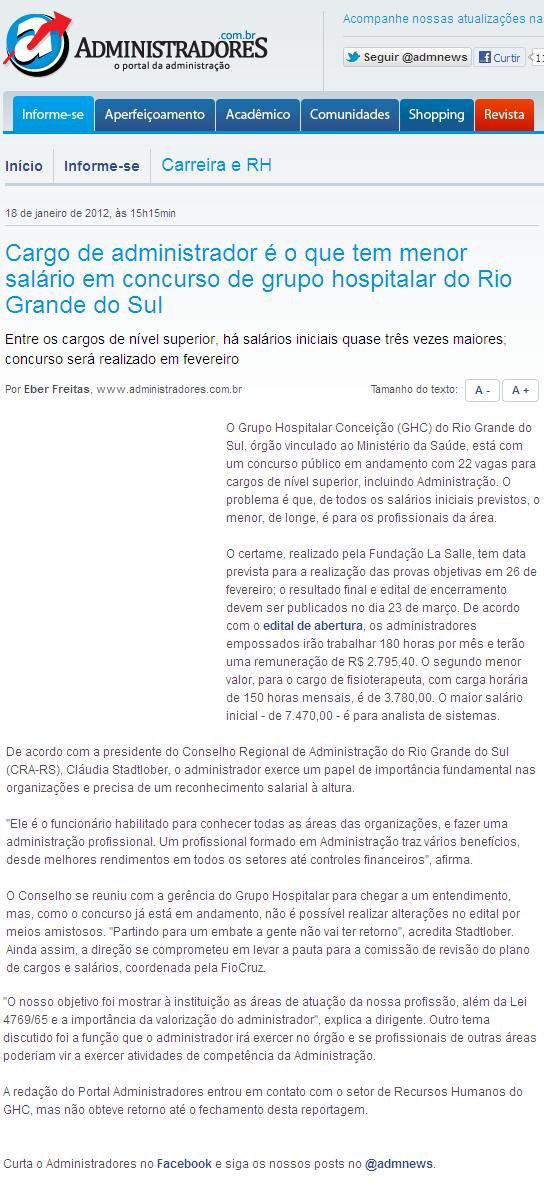 CRA-RS contesta salários para cargo de Administrador do concurso público do GHC