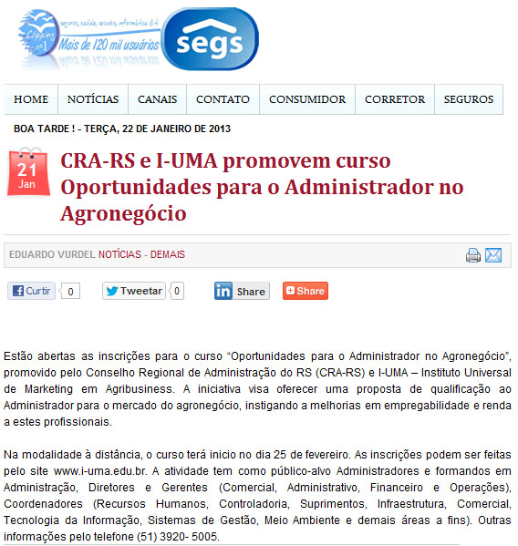 CRA-RS e I-UMA promovem curso Oportunidades para o Administrador no Agronegócio