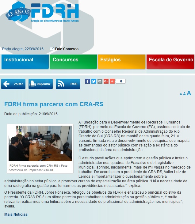 FDRH firma parceria com CRA-RS