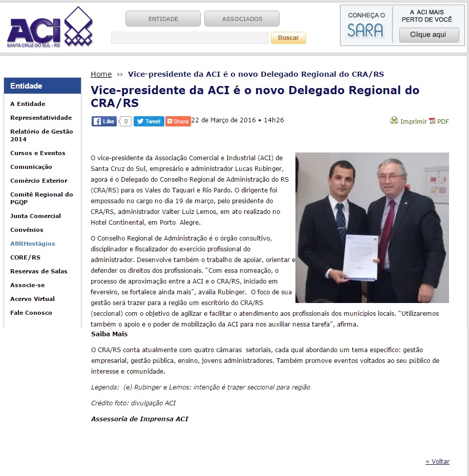 Posse do administrador Lucas Rubinger como Delegado do CRA-RS