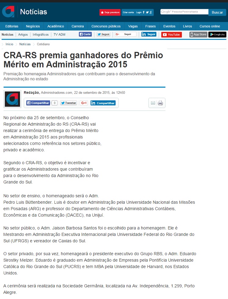 CRA-RS premia ganhadores do Prêmio Mérito em Administração 2015