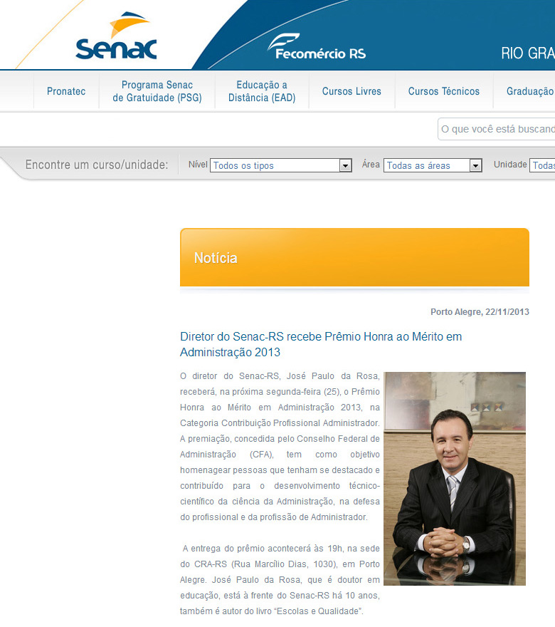 Diretor do Senac-RS recebe Prêmio Honra ao Mérito em Administração 2013