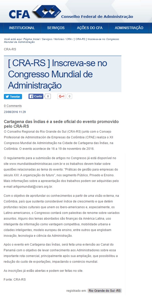 Inscrições para o Congresso Mundial de Administração