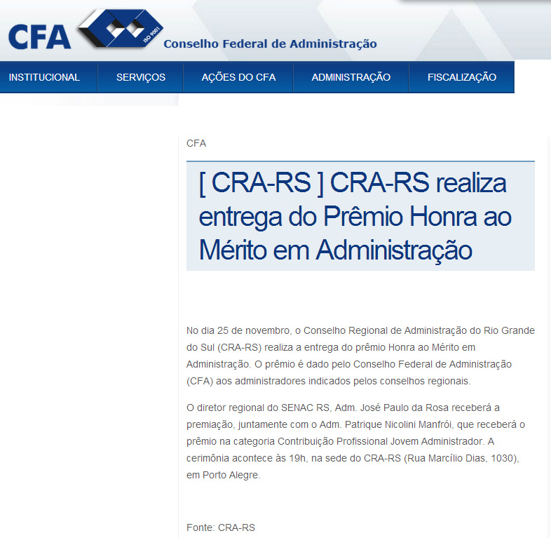 CRA-RS realiza entrega de Prêmio Honra ao Mérito em Administração