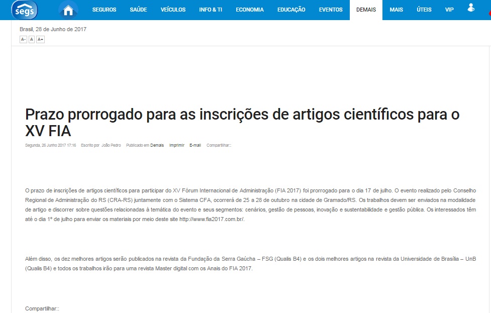  Inscrições Prorrogadas FIA XV