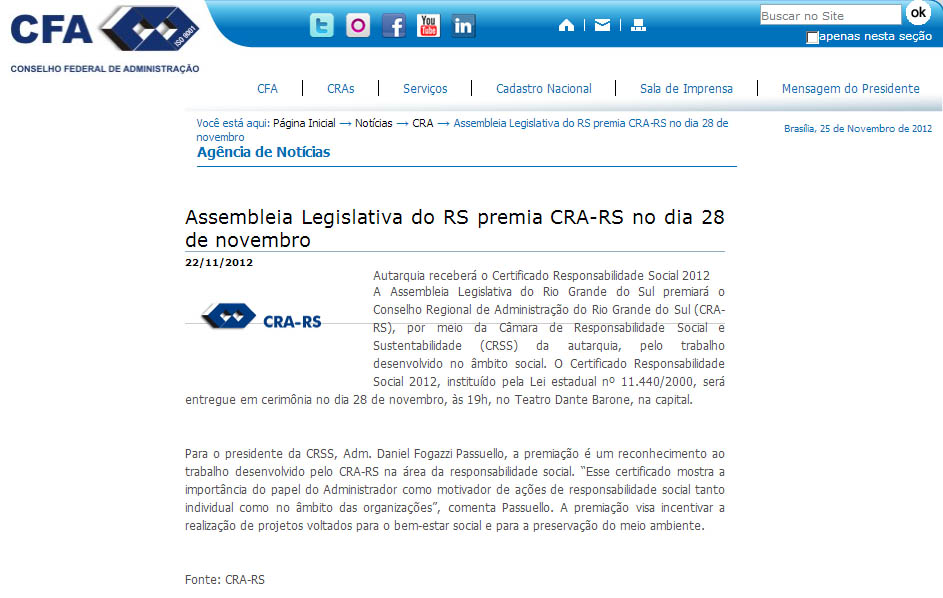CRA-RS receberá Certificado de Responsabilidade Social 2012