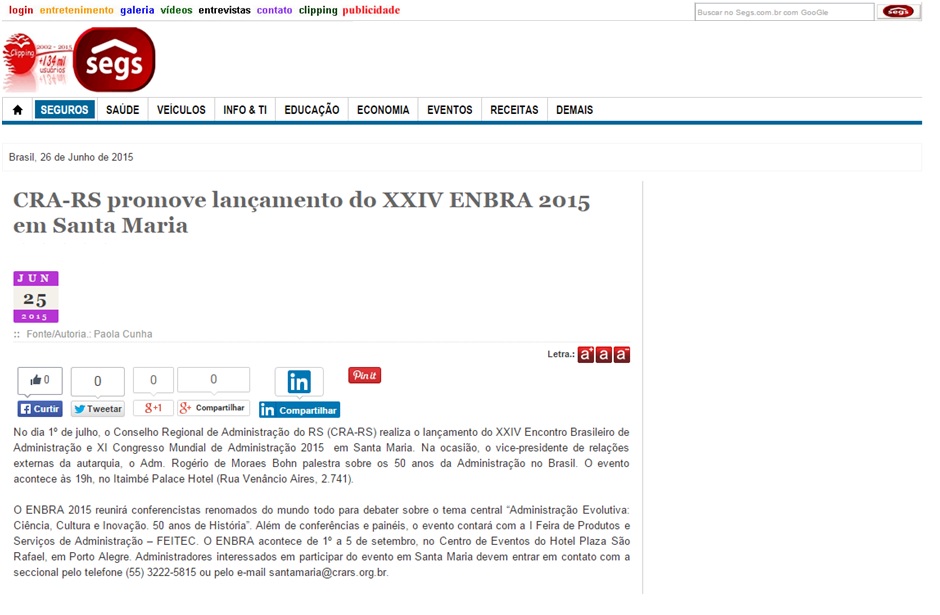 CRA-RS promove lançamento do XXIV ENBRA 2015 em Santa Maria