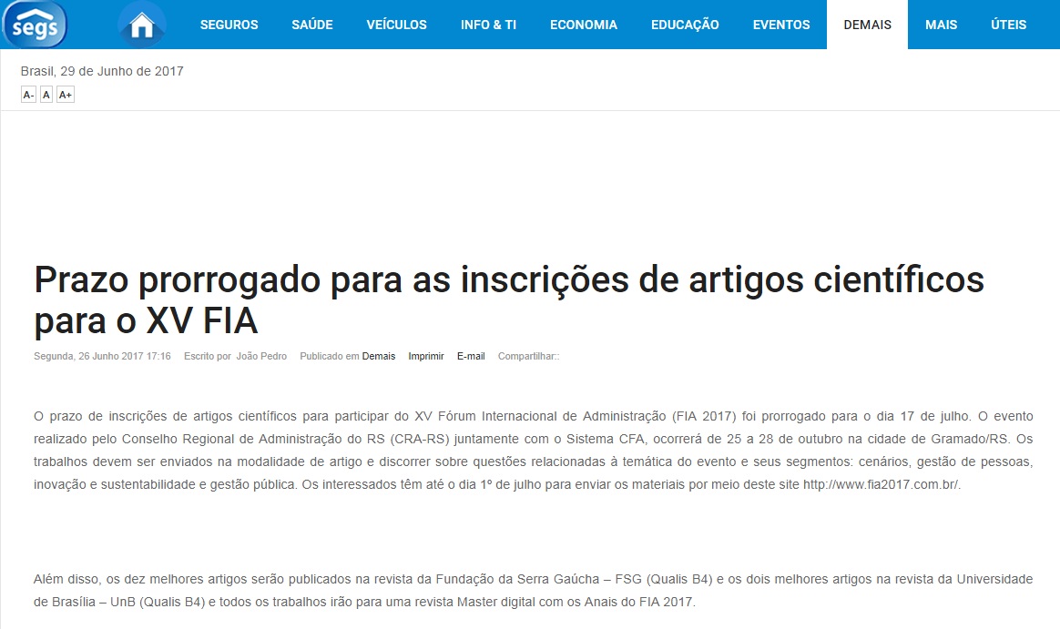 Inscrições Prorrogadas FIA XV