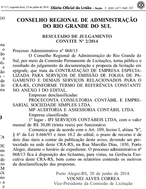 RESULTADO DE JULGAMENTO - CONVITE Nº 2/2014