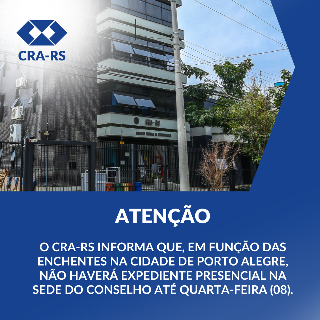 AVISO: sede do CRA-RS não terá expediente presencial até quarta-feira (08)