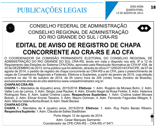 Edital Aviso de Registro de Chapa Concorrente ao CRA-RS e ao CFA - ZH