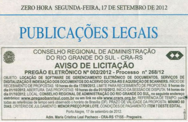 Aviso de Licitação - Pregão Eletrônico - 002/2012 - Processo 268/12