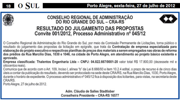 Resultado de Julgamento Convite Nº 1/2012